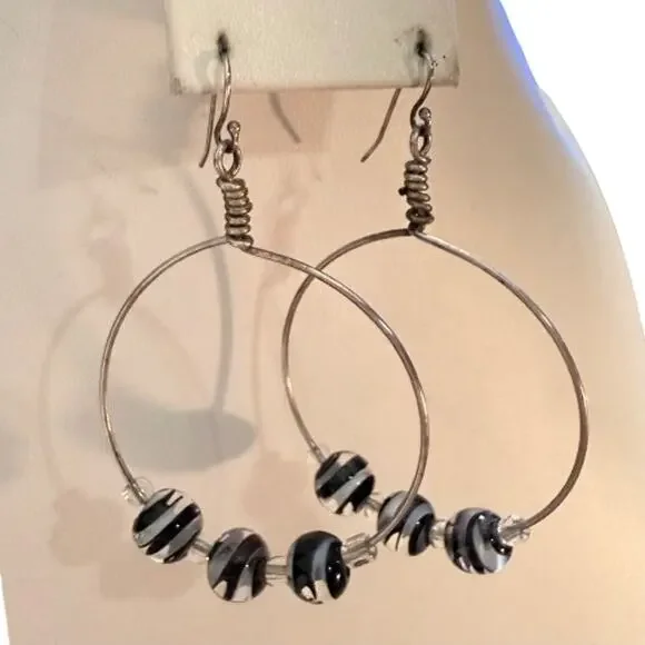 Artisan Handblown Black & White Glass Beaded Hoop Earrings - Picture 6 of 6